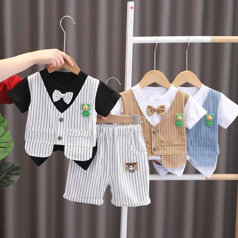 New Summer Kids Boys Clothes High Qulity Short Sleeve Gentleman Patchwork T Shirt Pants Toddler Boy Clothing Casual Outfits