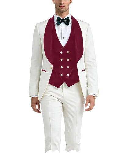 Men White Tuxedo Suit 3 Piece Shawl Lapel Slim Fit 1 Button Velvet Collar Patched Blazer Vest Pants Set for Wedding Party Groom