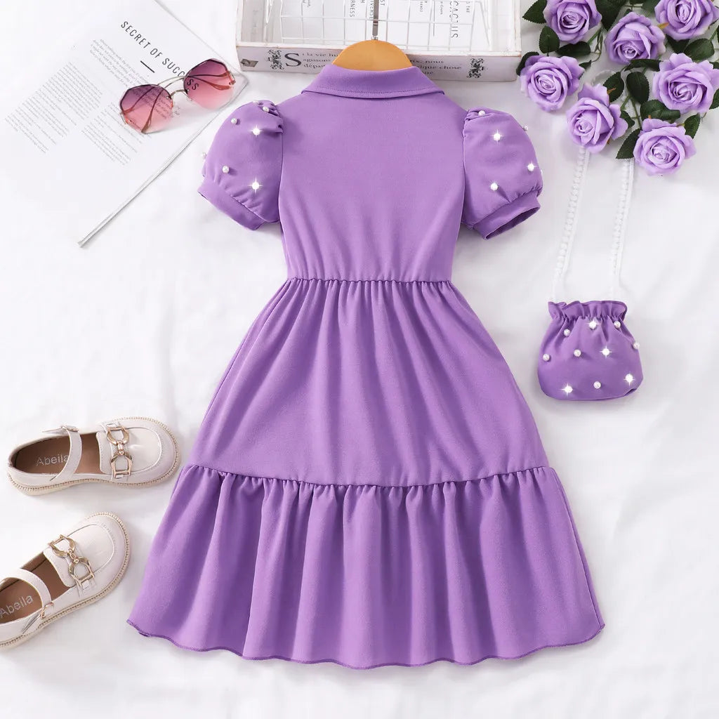 【Free Bag】 Toddler Girl Dress Summer Pearl Casual Cute Children Princess Dresses Birthday Party Kids Girls Dress 3 4 5 6 7 Yrs