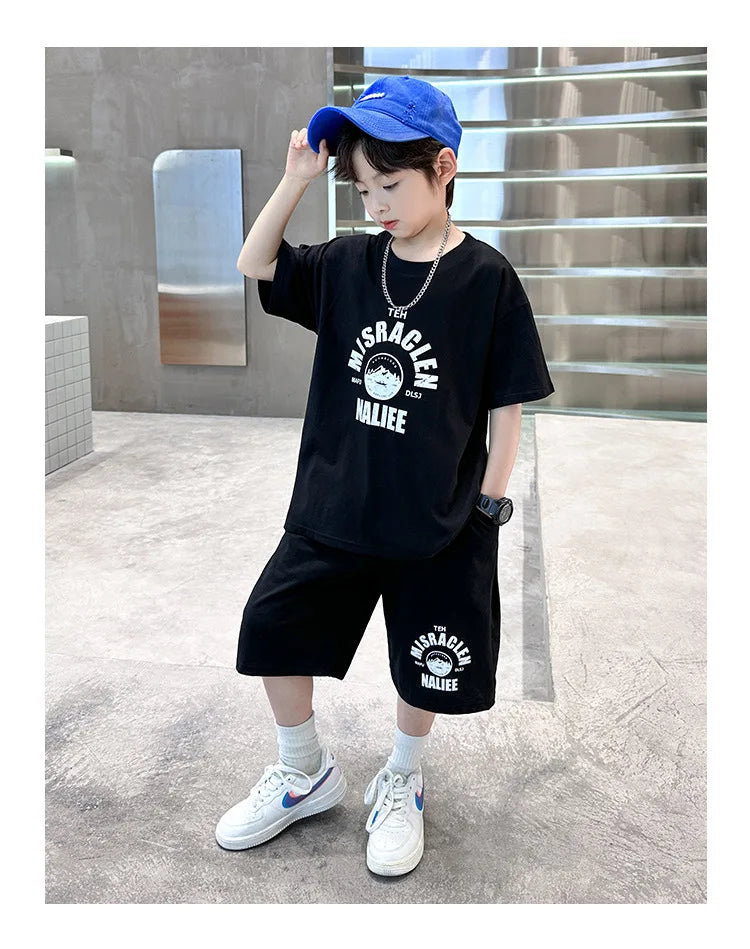Summer Boys Cotton Leisure Print T-Shirt Top+Shorts Pant Contrast Set School Kids 2PCS Tracksuit Children Vacation Outfit 5-16Yr