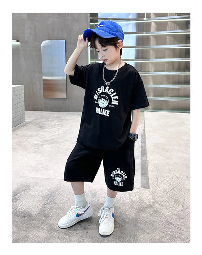 Summer Boys Cotton Leisure Print T-Shirt Top+Shorts Pant Contrast Set School Kids 2PCS Tracksuit Children Vacation Outfit 5-16Yr