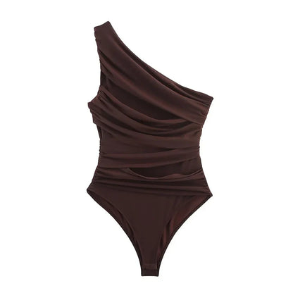 Summer Asymmetric Sleeveless Pleated Silk Mesh Bodysuit Women Single Shoulder Slim Fit Jumpsuit Female Beach Holidays Wear 2026