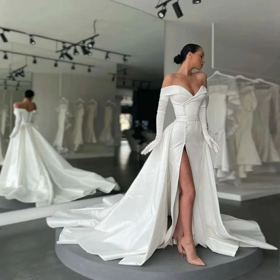 Customized White Ivory Satin Long Wedding Dresses With Detachable Train Off Shoulder High Slit Buttons Evening Gowns