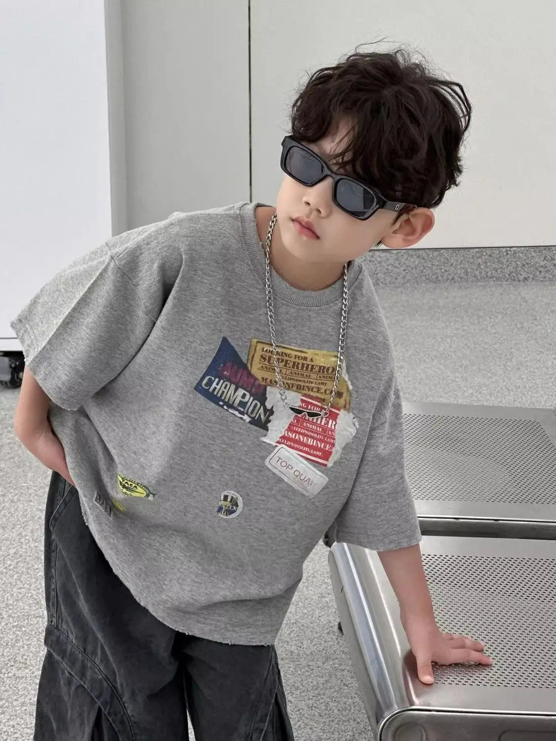 2026 Summer New Vintage Korean Boys T-Shirt Crew Neck Kids Tweens Casual Stylish Breathable Cotton Top