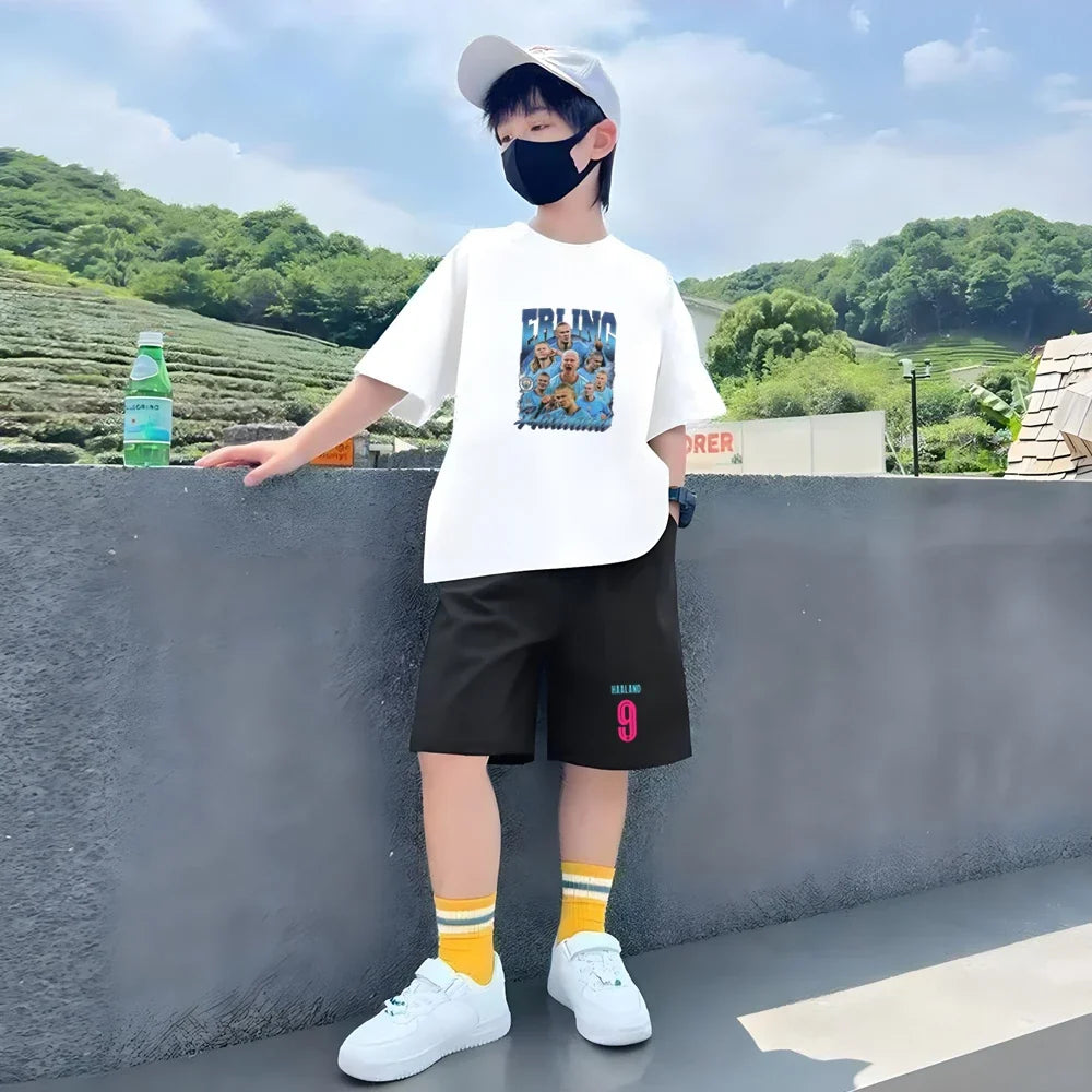 Summer Tees Football Famous General Print Set Suitable Children Short Sleeve Girls Boy Set Tshirt+Shorts 2pcs Kids Clothing