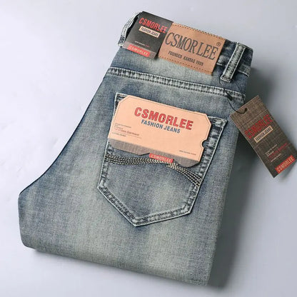 2025 Autumn New Slim Straight Jeans Men's Vintage Grey Elastic Cotton Fashion Casual Wash Denim Pants Korean Male Trousers