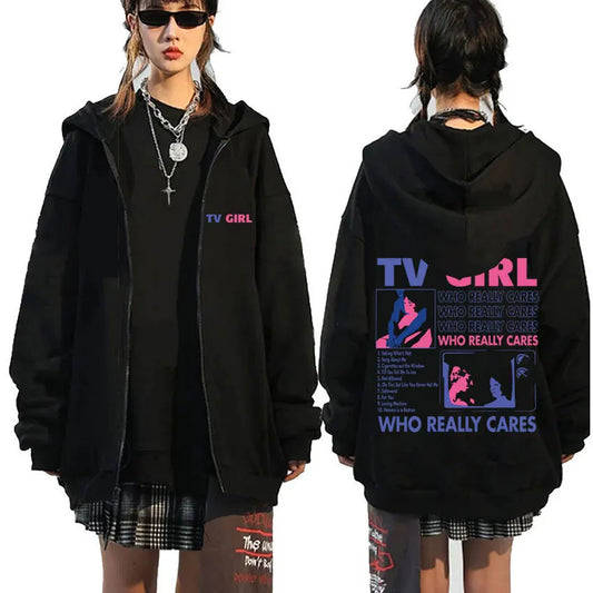 TV Girl Who Really Cares Graphic Print Zipper Hoodie Men Women Fashion Casual Oversized Zip Up Jacket Male Fleece Sweatshirts