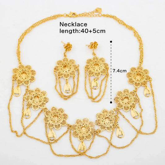 African 18k Gold Color Jewelry Set for Women Flower Design Necklace and Earrings 2Pcs Set for Weddings Party Jewelry Dubai Gift