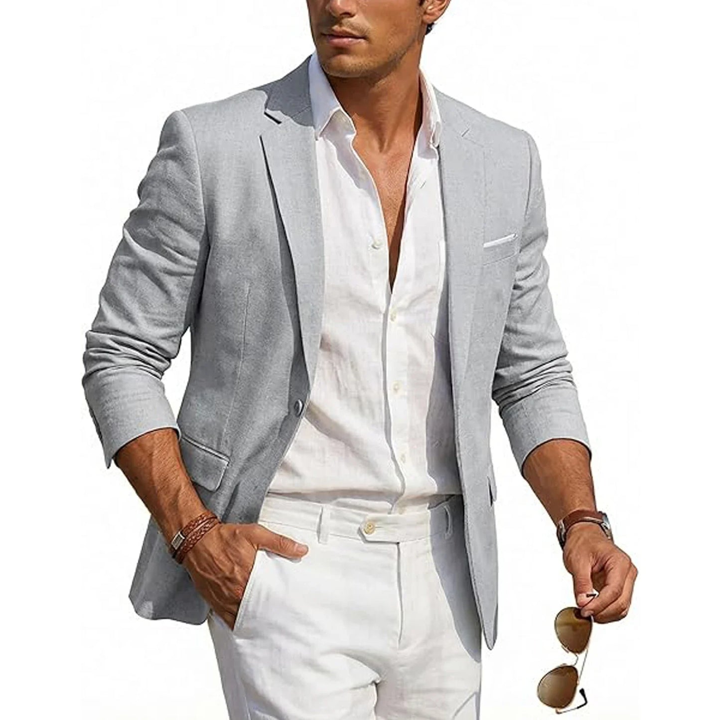Men's Casual Linen Blazer Slim Fit Formal Business Lightweight One Button Suit Jacket for Spring/Summer Beach Wedding Sport Coat