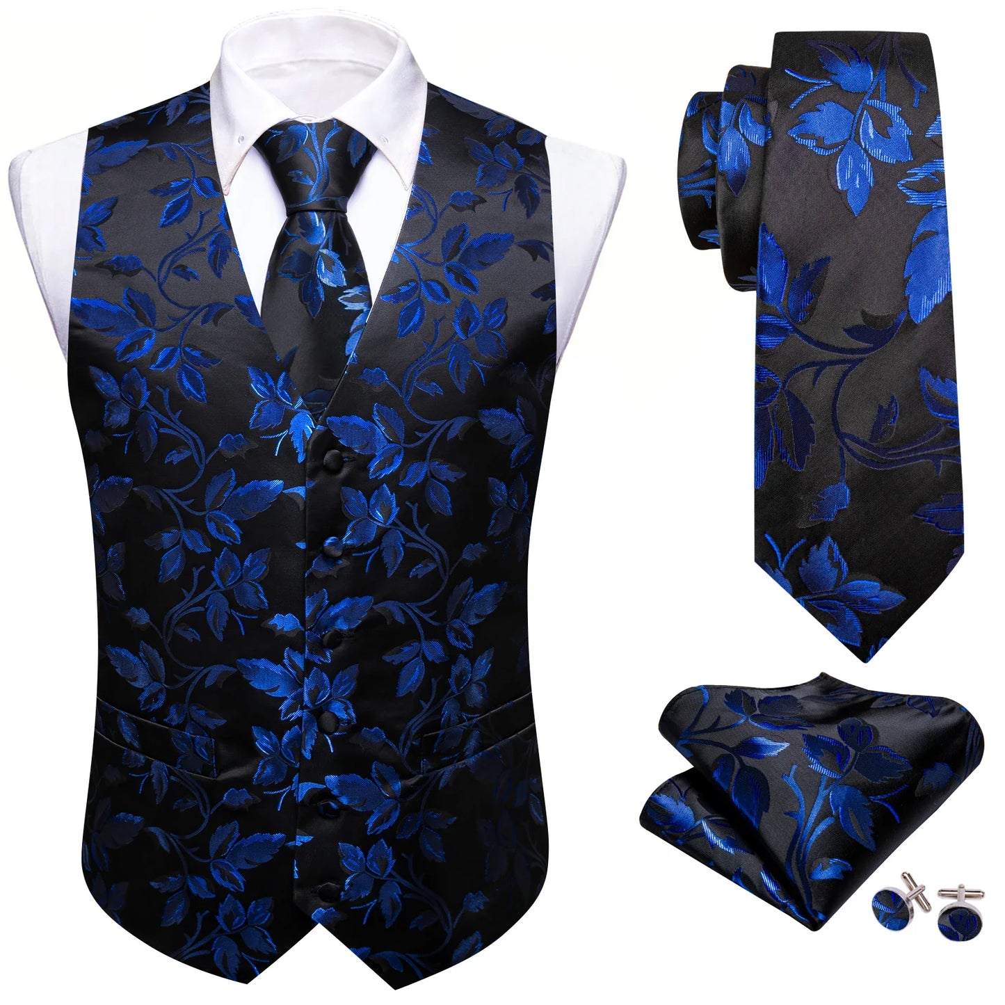 Men's Elegant Floral Vest & Tie Hanky Cufflinks Set – Formal Wine Green Blue Waistcoat for Weddings Events Party Gift