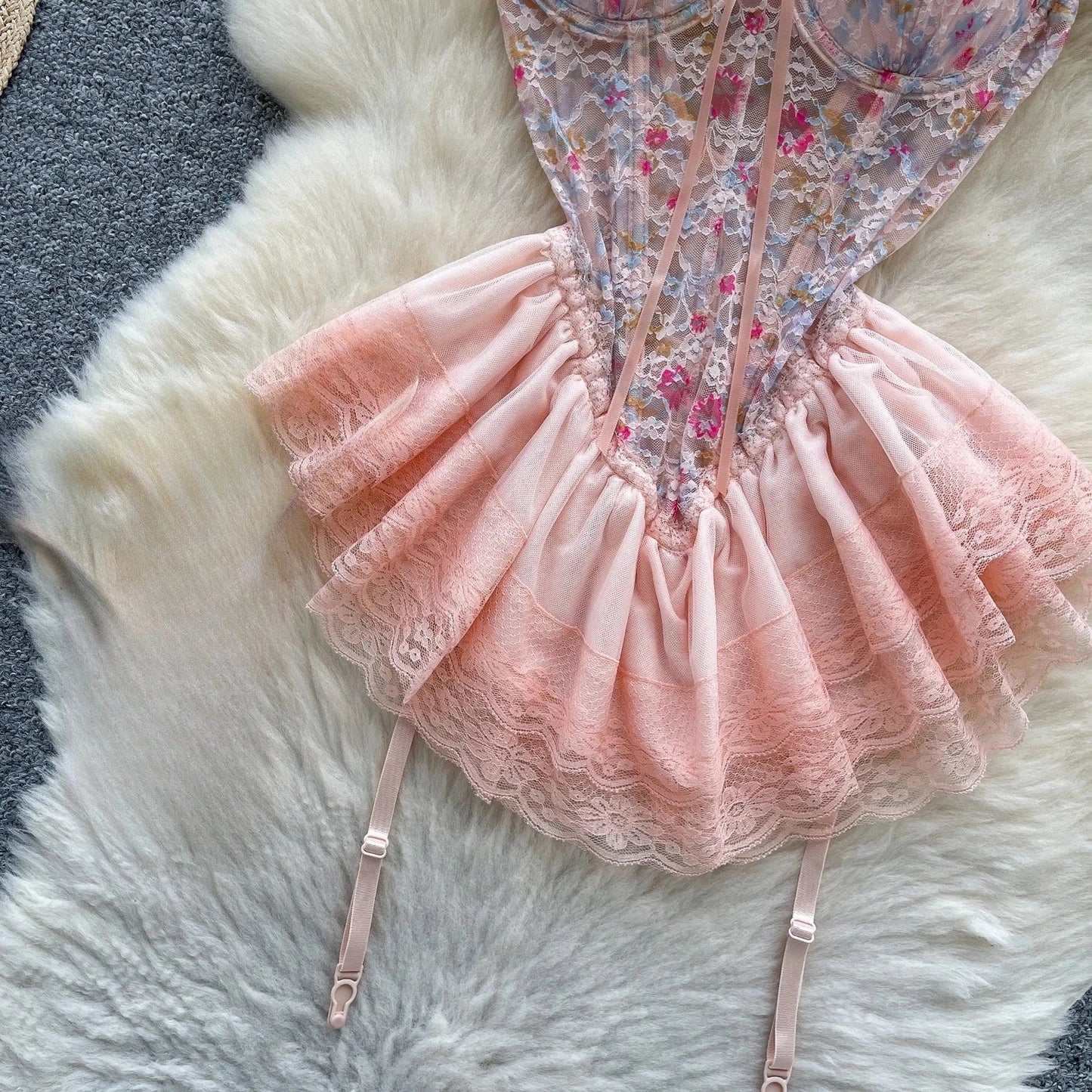 Woman Fashion Sexy Strap Dress New Sleeveless Slim Floral Print Mini Dress Comfortable Breathable Mesh Lace Mini Dress