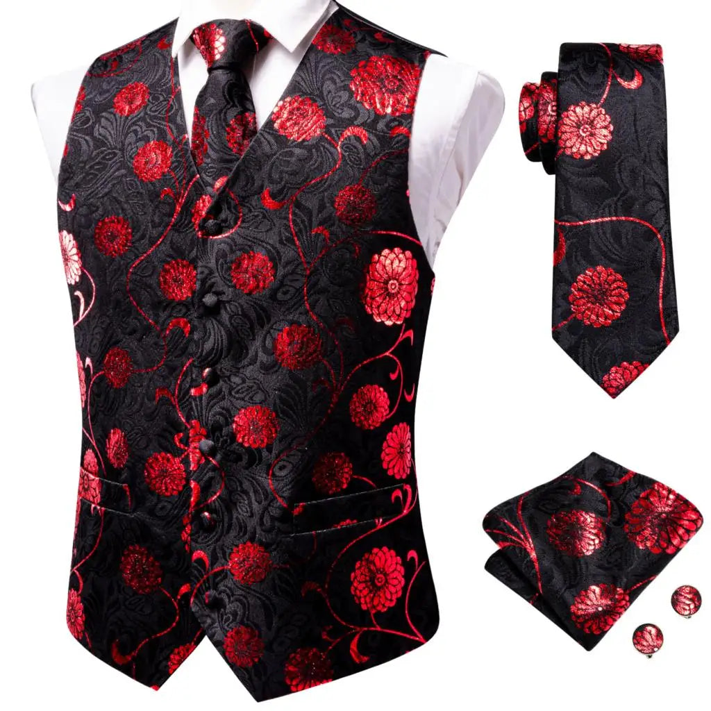 Hi-Tie Black Red Floral Mens Vest Tie Set Jacquard Waistcoat Sleeveless Jacket Necktie Hanky Cufflinks Wedding Business XXL