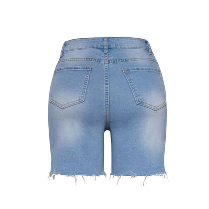 Women Summer Street Denim Shorts High Waist Ripped Hole Stretch Jean Short Pants