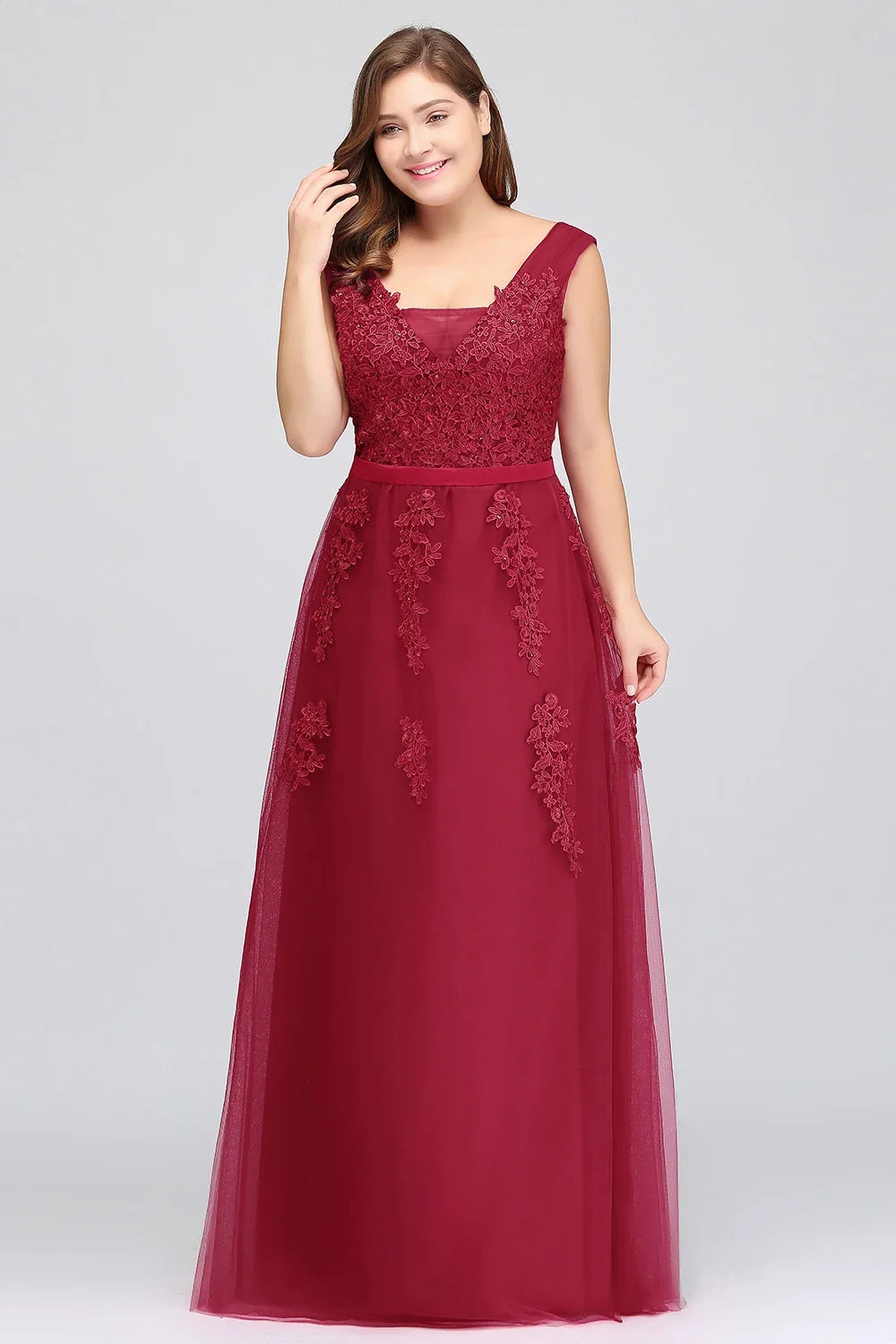 Women Burgundy Evening Dress Lace Appliques Tulle V-Neck Sexy Backless Prom Dresses A-Line Floor-Length Sleeveless Party Vestido