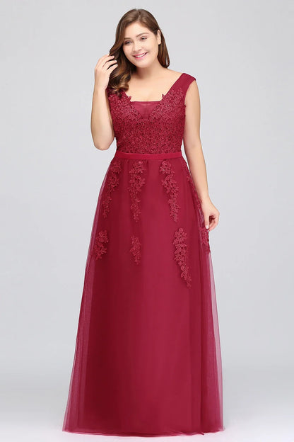 Women Burgundy Evening Dress Lace Appliques Tulle V-Neck Sexy Backless Prom Dresses A-Line Floor-Length Sleeveless Party Vestido