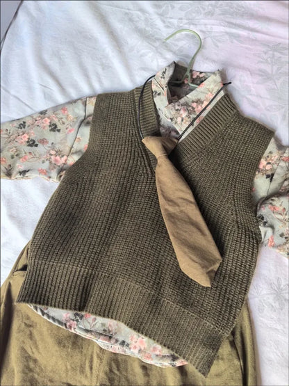Autumn floral Style Kid Boys 3PCS Clothes Set Cotton Tie Collar Shirts Knitted Sticker Vest Solid Pants Suit Toddler Boys Outfit