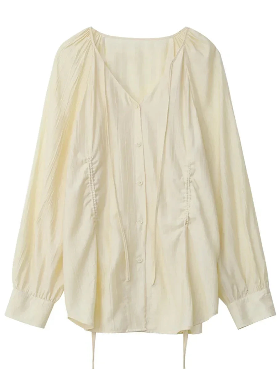 Women Loose Lace Up Shirt Solid New Korean V-neck Pleated Raglan Long Sleeved Blouses Female Tops Spring Summer 2026