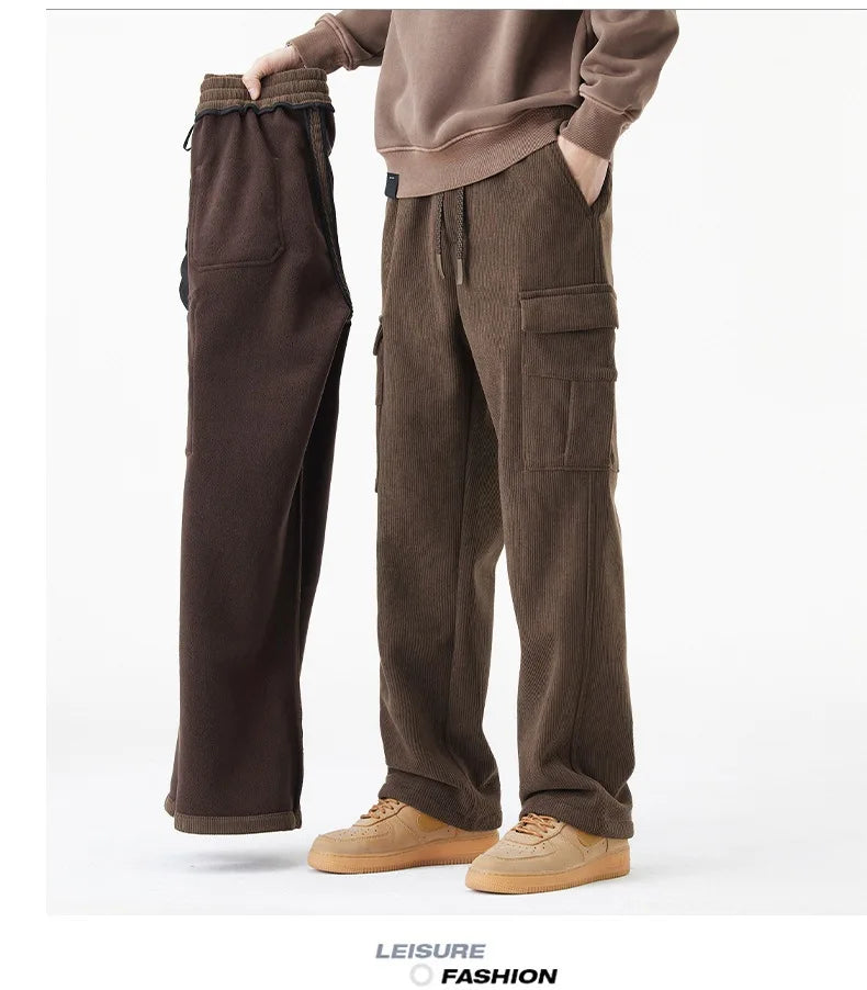 2026 New in Winter Corduroy Pants Men Straight Wide Leg Cargo Trouser Male Elastic Waist Loose Fit Thick Brown Warm Fleece Plush