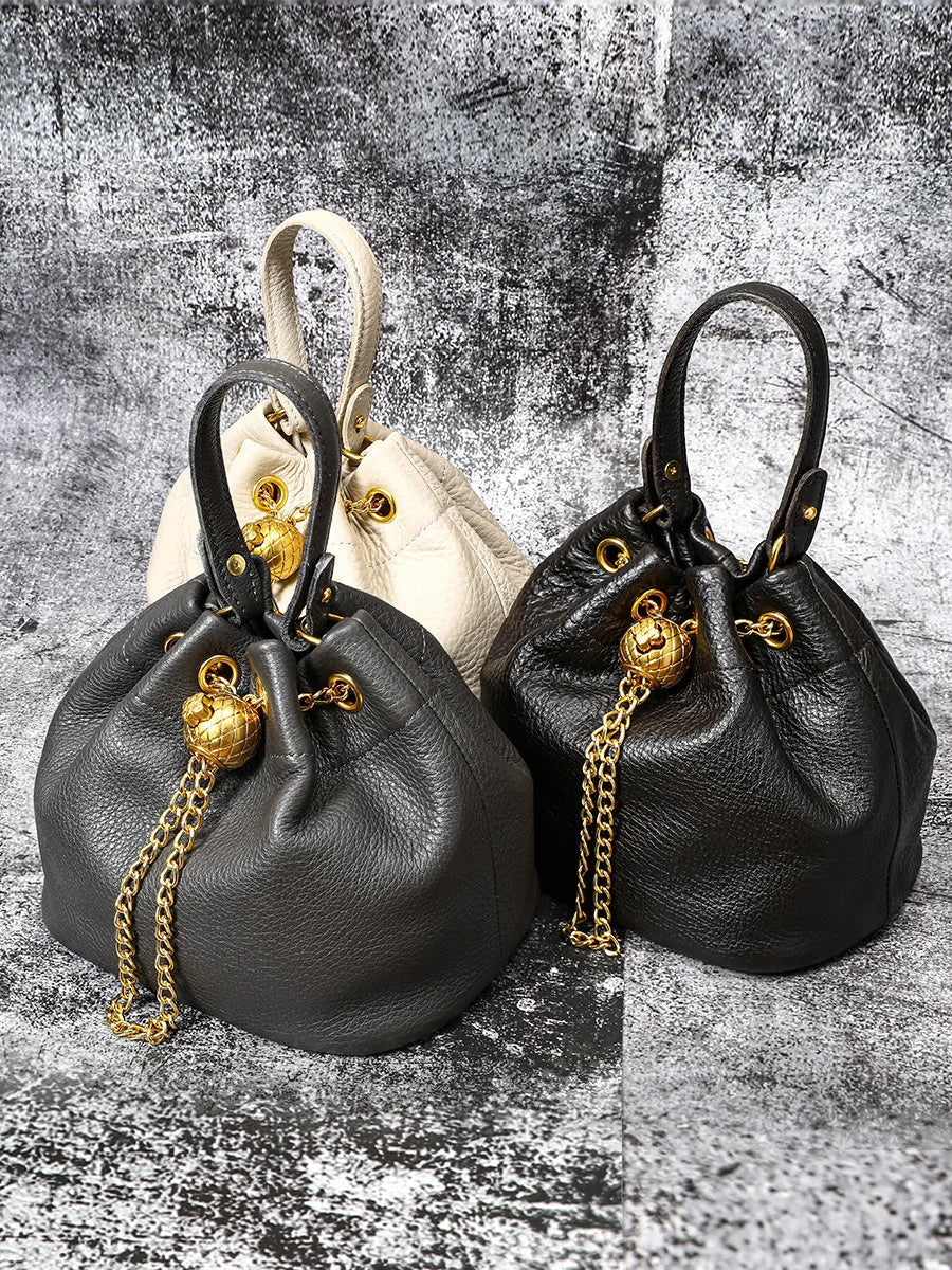 New Vintage Fashion Chain Bag Genuine Leather Multi-Way Bucket Bag for Women Compact Stylish Crossbody Purse