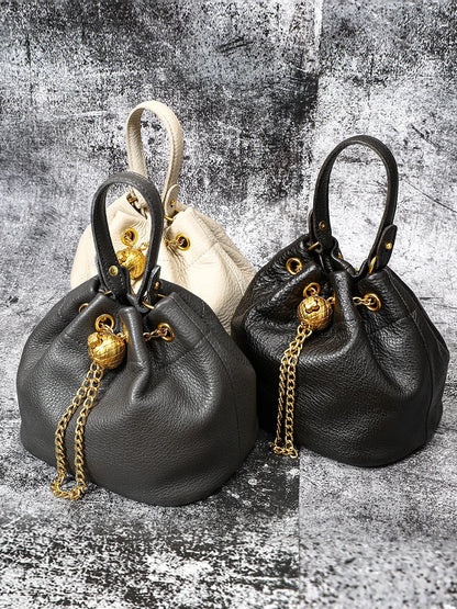 New Vintage Fashion Chain Bag Genuine Leather Multi-Way Bucket Bag for Women Compact Stylish Crossbody Purse