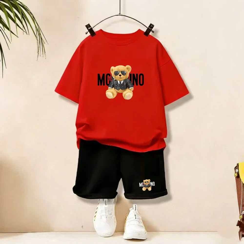 Fashion Letter Bear Print Children Summer Clothing Tshirt+Shorts Black Boy Girl Red Toddler 3-12Yrs Leisure Short-Sleeved Set