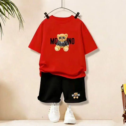 Fashion Letter Bear Print Children Summer Clothing Tshirt+Shorts Black Boy Girl Red Toddler 3-12Yrs Leisure Short-Sleeved Set