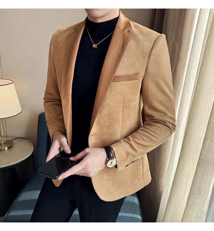High Quality Deerskin Velvet Splicing Leather Collar Suit Blazers Men Casual Business Slim Coats Mens Social Wedding Clothing
