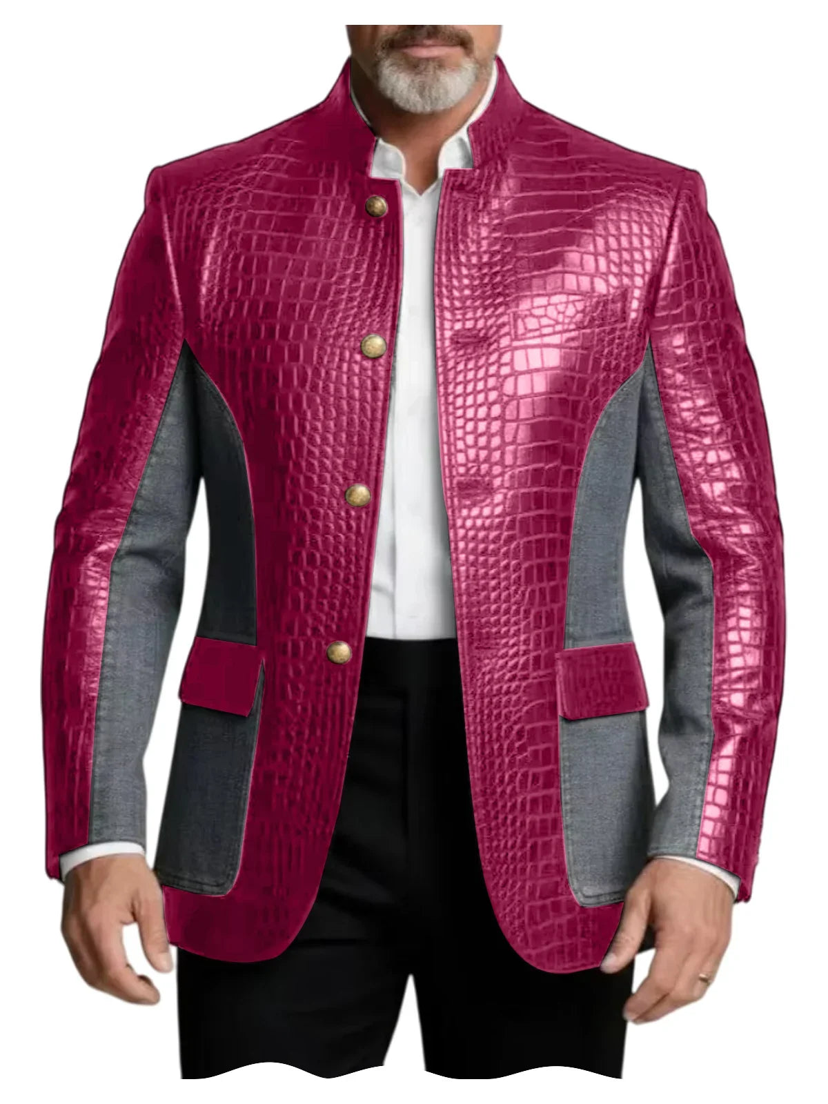Men's Crocodile Embossed Leather Brown Jacket Patchwork Denim Stand Collar Slim Fit Luxury PU Blazer For Business Casual Party