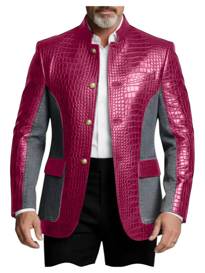 Men's Crocodile Embossed Leather Brown Jacket Patchwork Denim Stand Collar Slim Fit Luxury PU Blazer For Business Casual Party