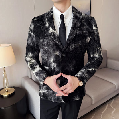 High QualityTie Dye Chenille Men Fashion Casual Suit Jacket Autumn Winter New Korean Slim Fit Social Wedding Suit Blazer
