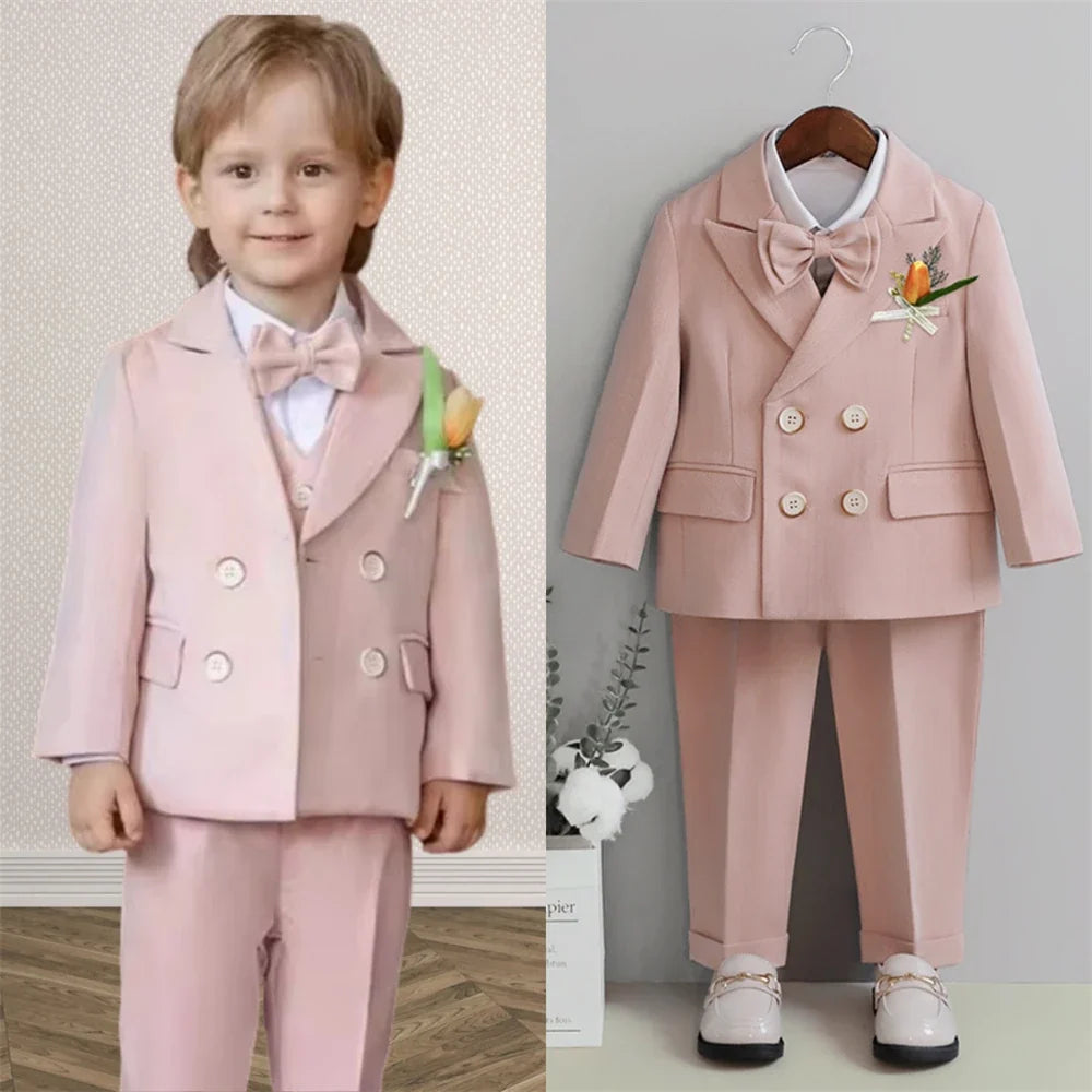 3-14 Yrs Kids Suit Set, Double Breasted Suit Jacket, Pants Bowtie, Boys Formal Tuxedo Set for Wedding, Ring Bear Dresswear