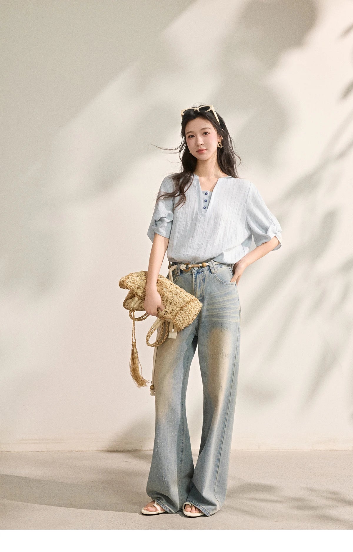 Women French Vertical Stripe Blouse Summer Seven Quarter Sleeve Loose Blouse Minimalist Solid Top Office Lady MXF16X2562