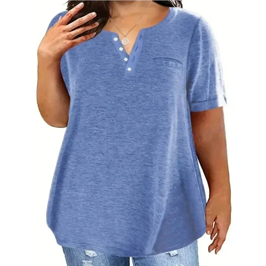 Plus Size 1XL-5XL Women's Spring and Summer New Style Loose Tops Ladies Casual V-neck Short Sleeve Pocket T-shirt