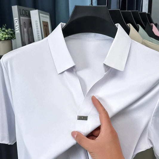 High quality ice silk short sleeve T-shirt men's lapel top trendy brand design cool silky breathable summer casual polo shirt