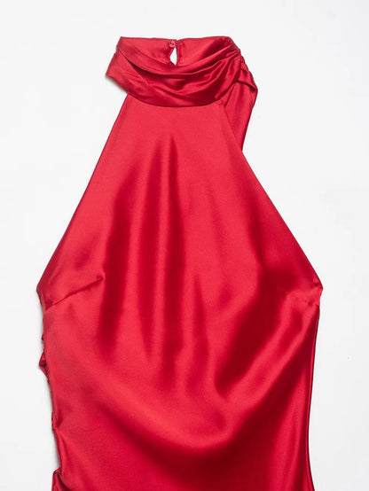 Women Halter Neck Sleeveless Backless Sexy Long Dress Summer Fashion Lace Splicing Decorative Hem Slit Solid Evening Dress