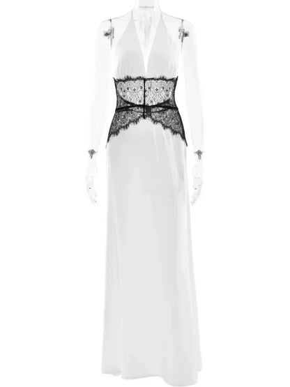 Sexy Deep V-neck Backless Lace Patchwork Satin Dresses for Women 2026 Summer Halter Sleeveless Long Maxi Party Evening Dress