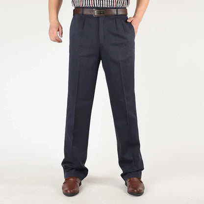 Double Pleated Casual Pants Men High Waist Straight Loose Classic Basic Trousers Male Autumn 100% Cotton Black Big Size 42 44 46