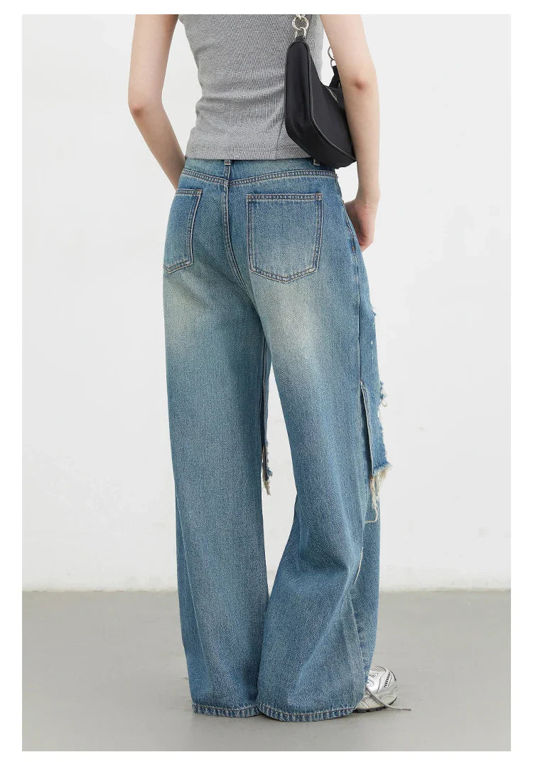 Women Jeans Loose Casual High Waisted Wide Leg Ripped Rough Edge Denim Pants Female Trousers Spring Autumn 2025