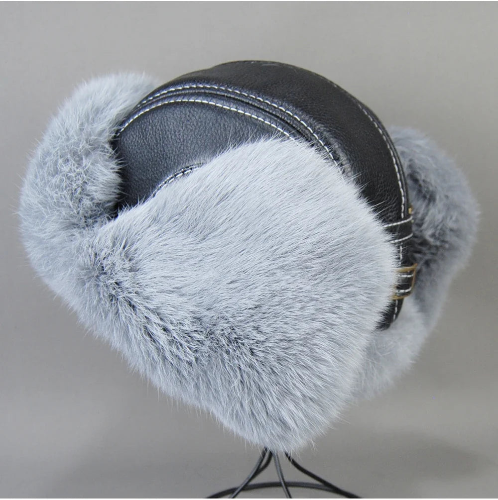 2026 Fashion Men's 100% Natural Rabbit Fur Bomber Hats Winter Russian Man Warm Real Sheepskin Leather Hat Male Real Fur Caps
