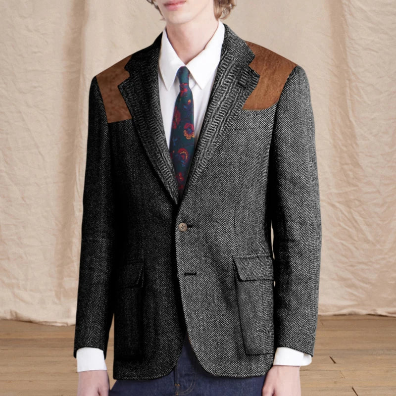 Vintage Men's Herringbone Tweed Blazer Suede Shoulder Patch Notch Lapel Slim Fit Jacket Casual Business Suit Sport Coat for Men