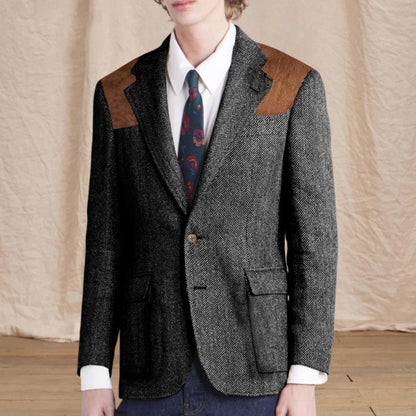 Vintage Men's Herringbone Tweed Blazer Suede Shoulder Patch Notch Lapel Slim Fit Jacket Casual Business Suit Sport Coat for Men