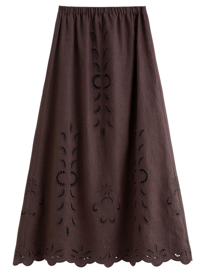 Summer Women Linen Two Piece Set Cut-Out Embroidered Sleeveless Top Midi Skirt Boho Beach Vacation Style