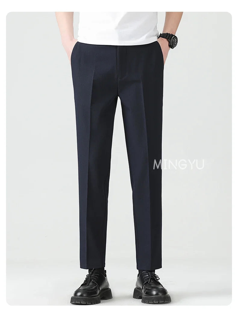 High Quality Lyocell Blend Summer Ankle Length Pants Men Business Elastic Waist Formal Suit Korean Social Work Trousers Male 40