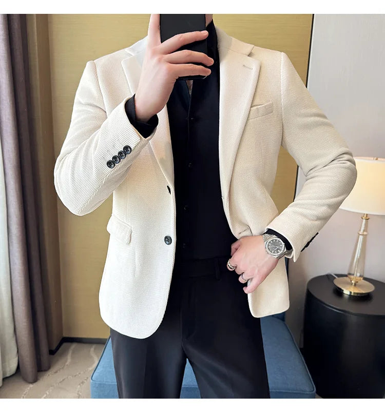 Autumn Winter Fashion Seaweed Pattern Suit Jacket High Quality Luxury Slim Fit Casual Men's Blazers Coats Social Prom Tuxedo