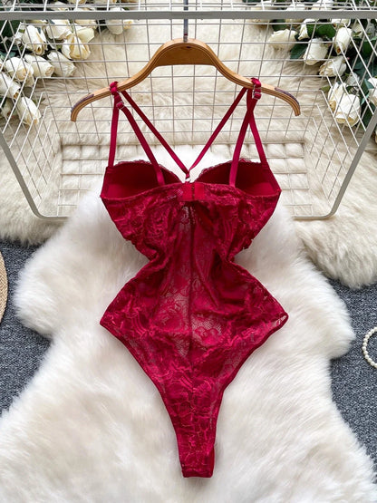 Sexy Lace Push Up Bodysuit See Through Mesh Patchwork Sleeveless Slim Thin One Pieces Elegant Women's Strappy Lingerie