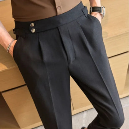 British Style Naples Men's High-end Linen Pants High Waist Straight Slim Fit Casual Trousers High Quality Solid Social Suit Pant