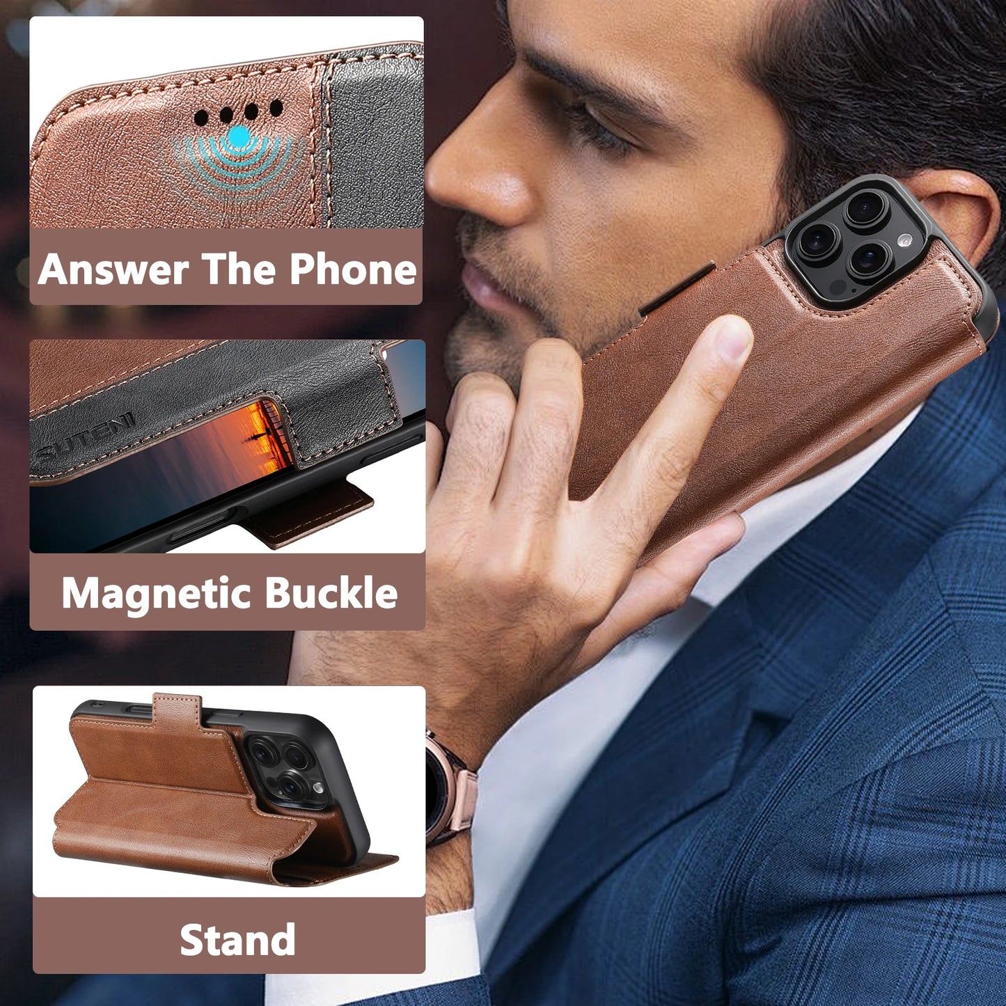 Faux Leather Wireless Charging Card Holder Stand Wallet Magnetic Flip Cover Phone Case For iPhone 16 Pro Max 15 Plus 14