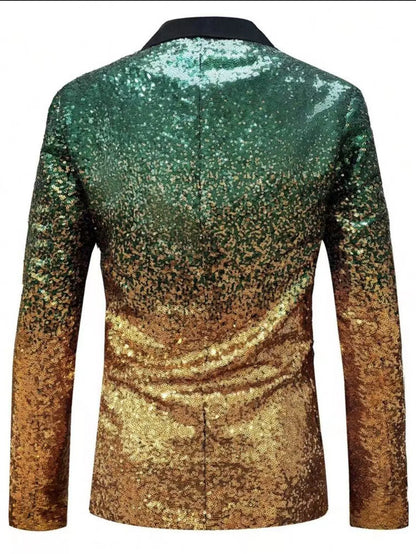 Shiny Sequin Tuxedo Jacket for Men - Royal Blue & Gold Gradient, Black Lapel, Formal Party/Wedding/Stage Wear‌ Coat.