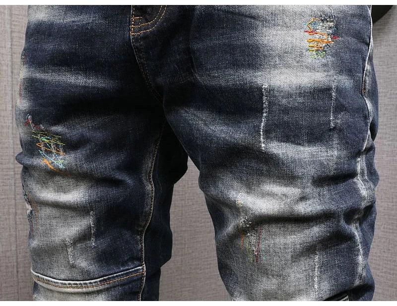 Fashion Streetwear Men Jeans Retro Black Blue Elastic Slim Fit Ripped Jeans Men Spliced Designer Embroidery Hip Hop Denim Pants