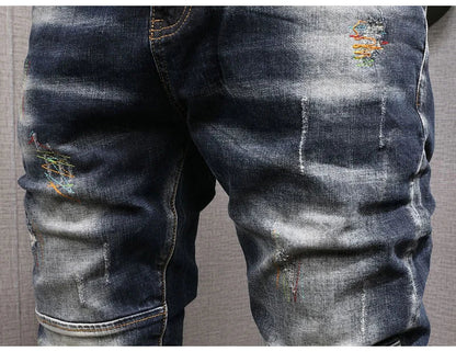 Fashion Streetwear Men Jeans Retro Black Blue Elastic Slim Fit Ripped Jeans Men Spliced Designer Embroidery Hip Hop Denim Pants